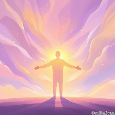 Silhouette of a person with arms outstretched against a vibrant, ethereal backdrop, emana…