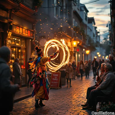 A performer in vibrant yellow, red, blue, and green traditional attire creates circular f…