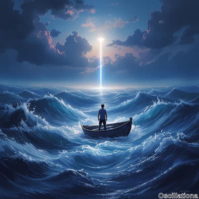 A solitary figure in a small boat gazes at a luminous beam of light stretching from the o…