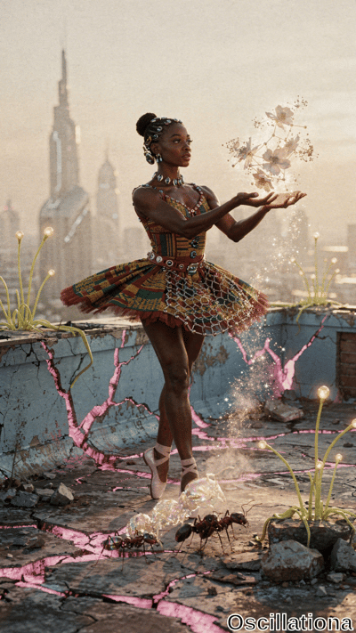 Poised Black ballerina with beaded braids, blue-glowing face adornments en pointe on neon…