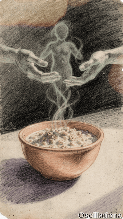Surreal colored pencil drawing on aged beige paper: steaming terracotta bowl of creamy oa…