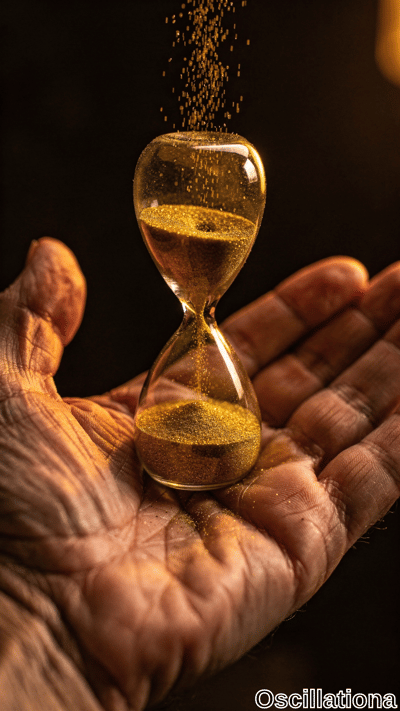 An elderly hand delicately holds a clear glass hourglass filled with golden sand flowing …