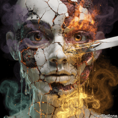 A surreal scene of a cracked, fragmented face made of ceramic or porcelain, with visible …