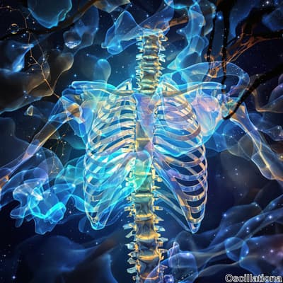 A digitally rendered human skeleton with a focus on the ribcage and spine, depicted in tr…