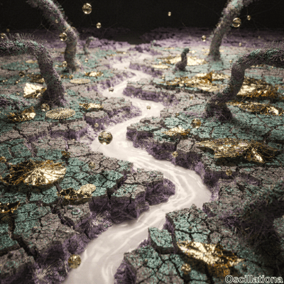 A surreal landscape with a glowing white river winding through cracked, dry terrain in da…