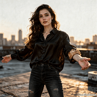 Young woman with freckles & windswept dark brown hair stands on urban rooftop at golden h…