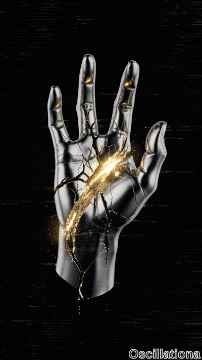 A silver metallic hand against a black background, cracked with glowing molten gold seepi…