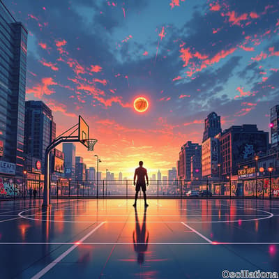 A silhouette of a person on a brightly lit basketball court at sunset, with a basketball …