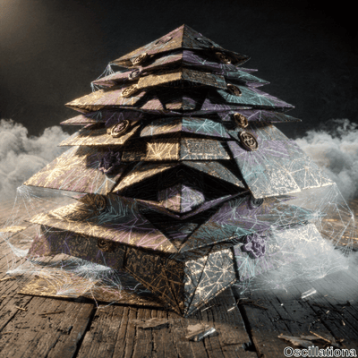 A multi-layered geometric structure resembling a pagoda with stacked pyramids, featuring …