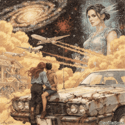 Colored pencil surreal: redheaded woman cuddles with man on rusty viney 70s sedan amid an…