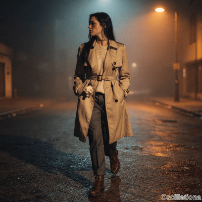 A young woman with long black hair in a beige trench coat with neck tattoo and white flow…