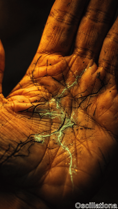 A close-up of a human hand bathed in warm orange-brown tones, showcasing detailed lines a…