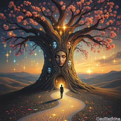 A mystical scene with an ancient tree carved with faces, its branches blooming with pink …