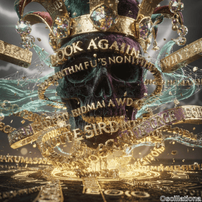 A dark, mystical scene with a large purple and black skull wearing an ornate, gold jester…