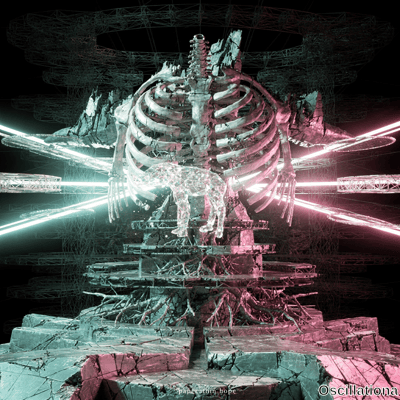 Colossal glowing ribcage and spine in blue and pink neon in dark cyber void with floating…