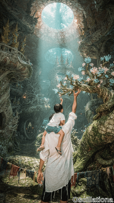 Mist-shrouded Thai cave temple: Asian father carries young son reaching for pink-teal flo…