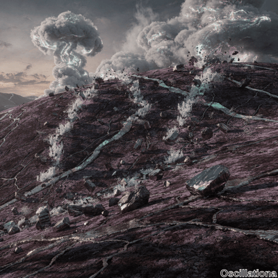 A dramatic, otherworldly landscape with a volcanic theme; the foreground features a purpl…