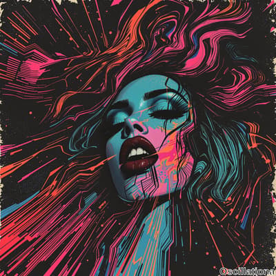 A vibrant digital artwork of a woman's face with an intense expression, featuring exagger…