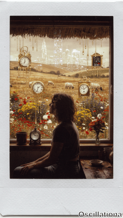 Instax-style polaroid of contemplative curly-haired woman in profile, cross-legged in rus…