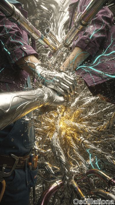 Three pairs of hands, two in metallic robotic gloves and one human, manipulate braided ca…