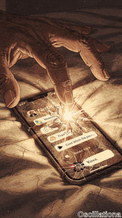 Digital art of a massive, wrinkled brown hand from starry cosmic void tapping shattered b…