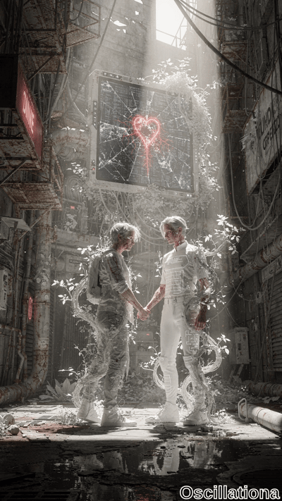 In a foggy cyberpunk alley lit by ethereal white shafts amid snowy mist, two androgynous …