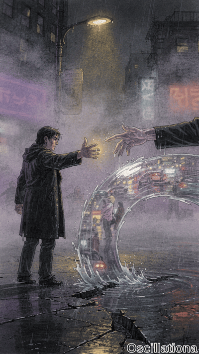 Watercolor cyberpunk noir: hooded man in dripping black trench coat extends glowing golde…