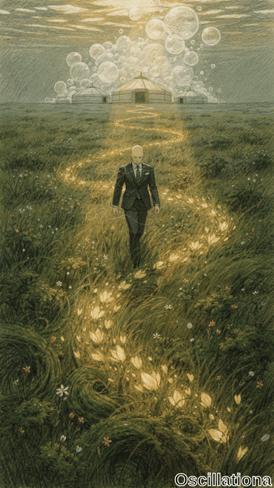 Surreal anime dreamscape: bald man in suit walks glowing golden lily path through green m…