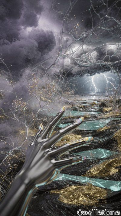 A metallic robotic hand with elongated, holographic-nailed fingers extends into a surreal…