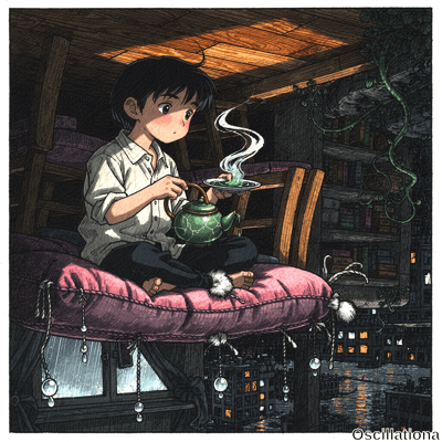 Anime-style boy with short black hair, blue eyes, blushing face sits barefoot cross-legge…