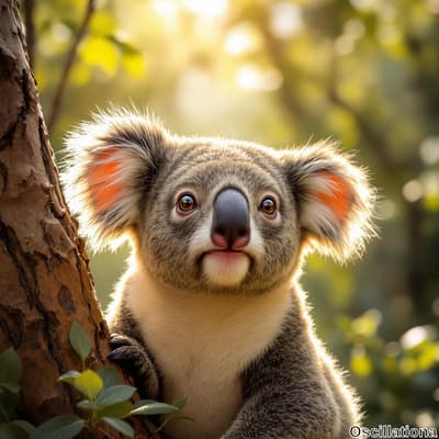 A close-up of a koala with greyish fur and a white underbelly clinging to a tree trunk, i…