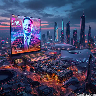 A futuristic cityscape at dusk with vibrant blues, purples, and orange hues; a large bill…