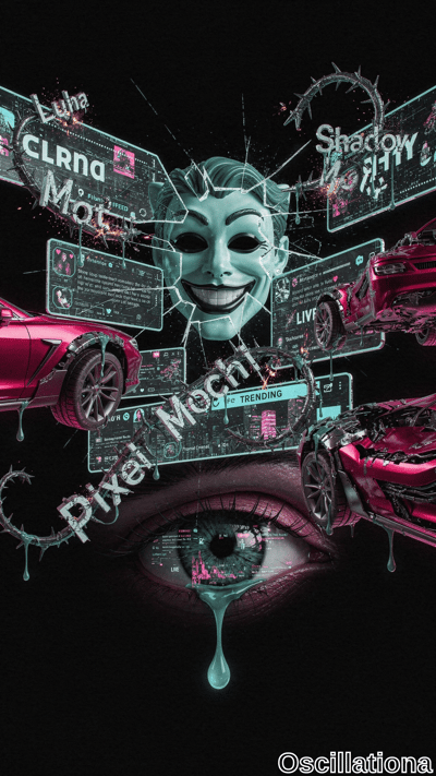 Cyberpunk digital art on black background: massive cracked greenish-cyan Guy Fawkes mask …
