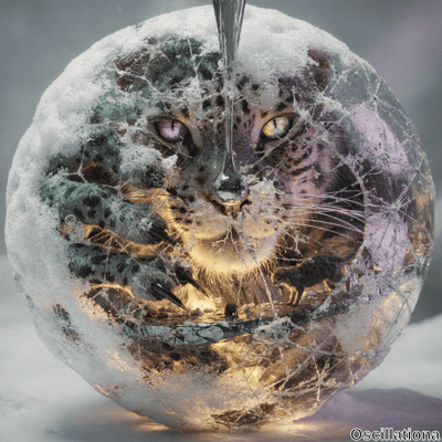 A surreal scene with a large, cracked ice or glass sphere containing a leopard's face wit…