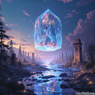 A serene twilight landscape featuring a large, floating, translucent crystal with glowing…