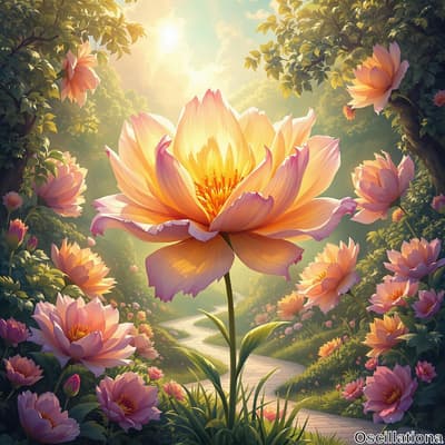 A serene landscape filled with blooming lotus flowers, centered by a large, vibrant lotus…