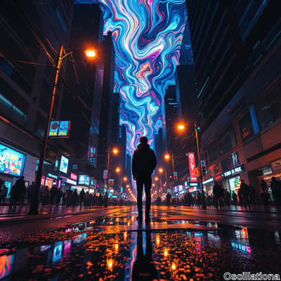 A person in a hoodie stands in the center of a wet, reflective city street at night, faci…