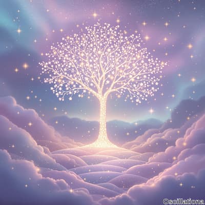 A whimsical, luminous tree with intricate, glowing branches and blossoms stands at the ce…