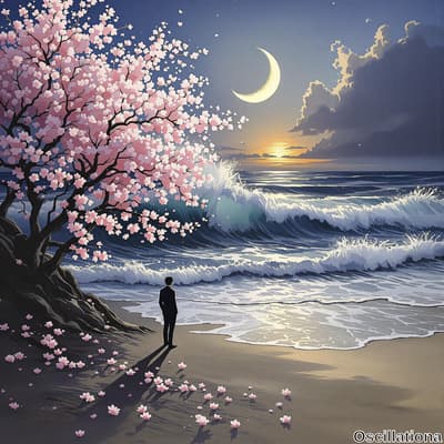 A serene coastal scene at dusk with a lone figure in a dark suit standing on a sandy beac…