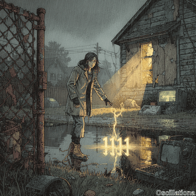 Gritty cross-hatched cyberpunk art of rainy night: young East Asian woman in hooded trenc…