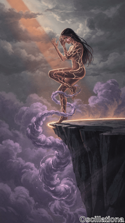 A woman with long, flowing black hair stands in a meditative pose on a cliff, balancing o…