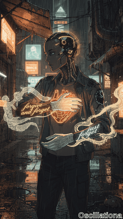 Cyberpunk alley at night in heavy rain: androgynous dark-skinned cyborg in black trench c…