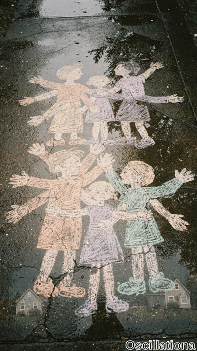 Vibrant chalk drawing on wet, cracked dark gray asphalt after rain: six joyful kids in ch…