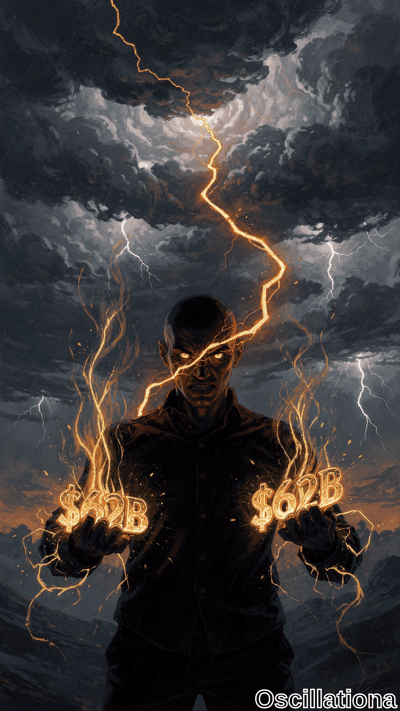 A bald man with a stern expression stands against a stormy sky with swirling clouds and l…