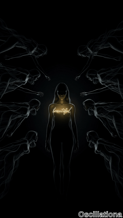 A dark, artistic image with a central female silhouette glowing from behind, the word "be…