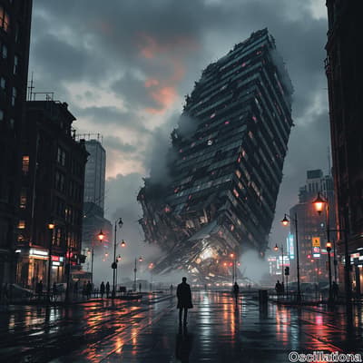 A dystopian city scene at twilight with a collapsing skyscraper leaning precariously, ill…