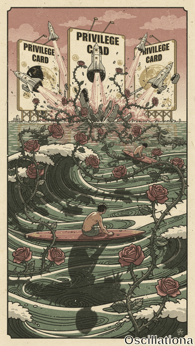 Vintage ukiyo-e Art Deco poster in muted earth tones: "PRIVILEGE CARD" billboards on pier…