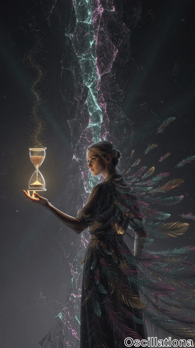 A woman in a mystical setting holds a glowing hourglass with golden sand, creating a lumi…