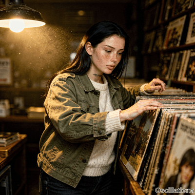 A young woman with long dark hair, freckles, snake tattoo and olive jacket browses vinyl …