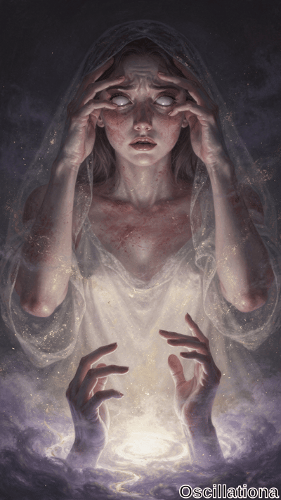 A woman with wide, blind eyes and a concerned expression wears a sheer, translucent garme…